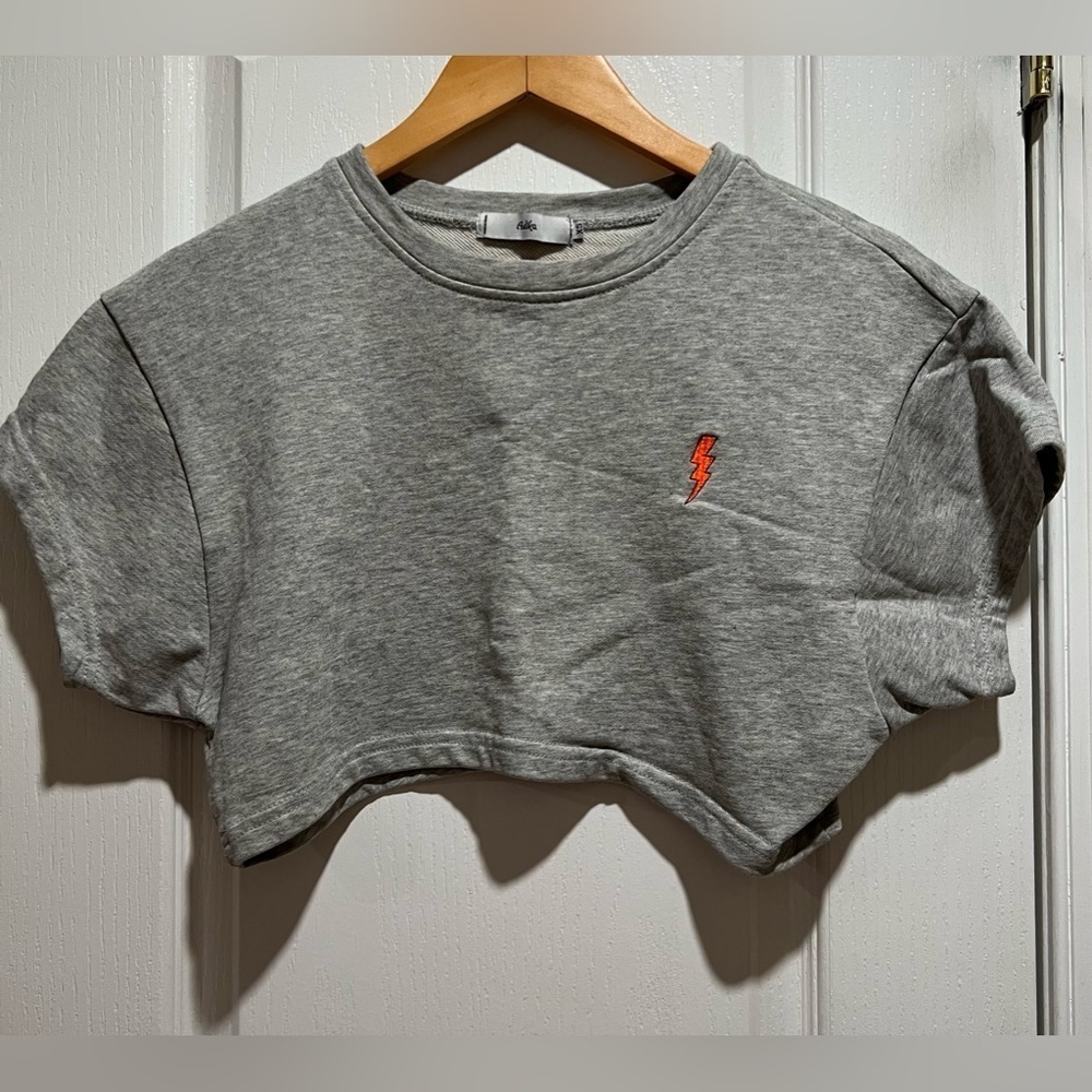 Adika Top Women Gray Cotton Micro Cropped Lightning Bolt Pullover XS
